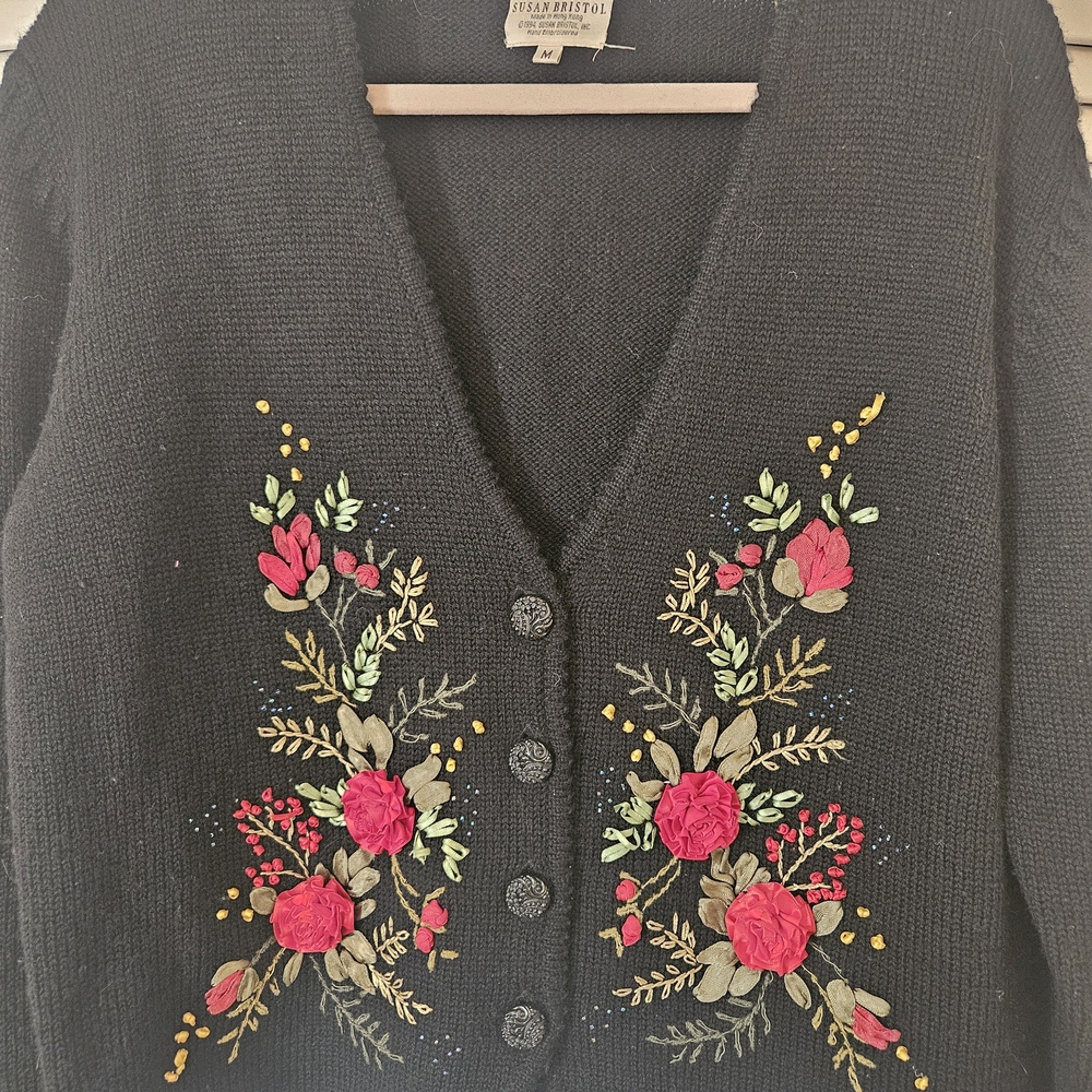 Susan Bristol Black Cardigan with Floral Embroidery